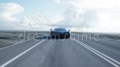 黑色<strong>未来</strong>派电动汽车在沙漠高速公路上。 开得很快。 <strong>未来</strong>的概念。 现实的4k动画。